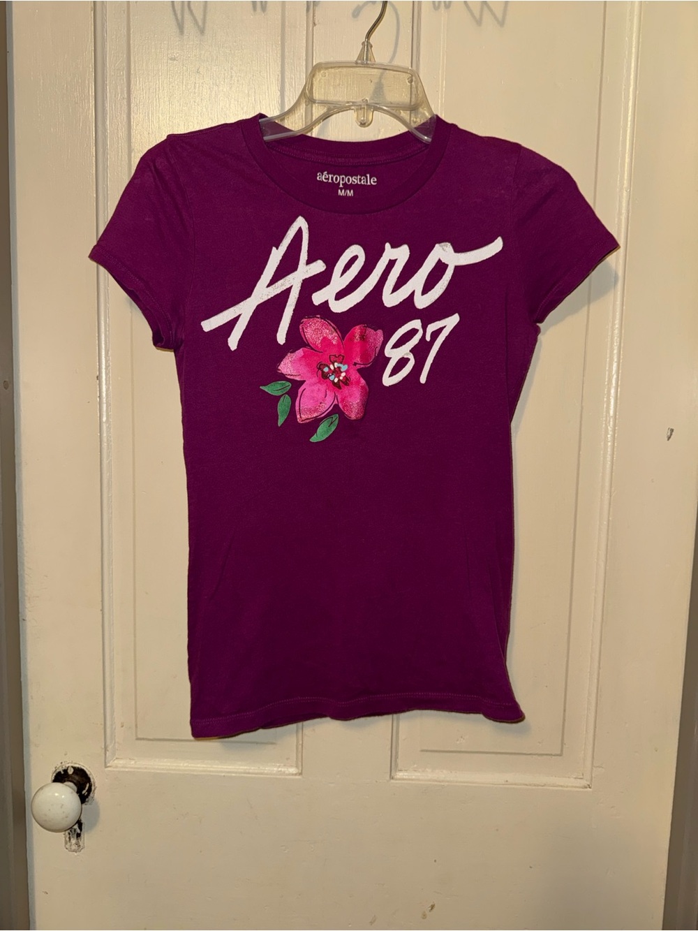 Aeropostale Purple Crewneck 'Aero 87' Graphic Tee with Pink Floral medium
